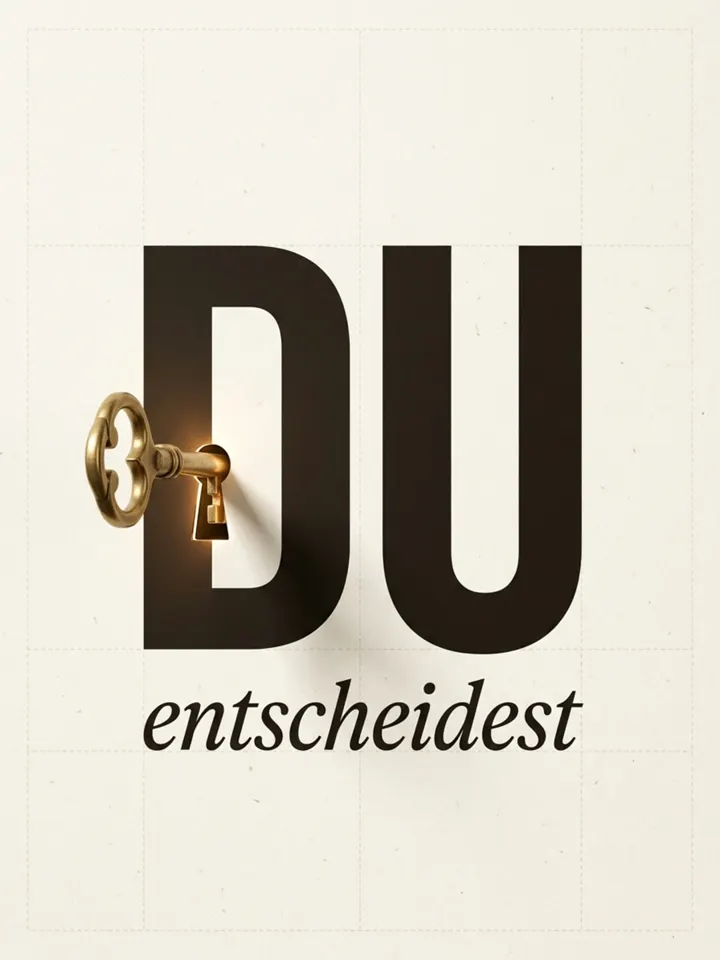 Ein goldener Schlüssel im Buchstaben D des Wortes Du, darunter: entscheidest