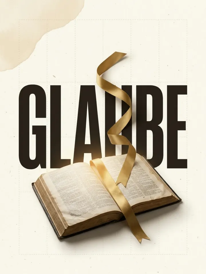 Eine aufgeschlagene Bibel mit goldenem Lesebändchen vor dem Wort Glaube