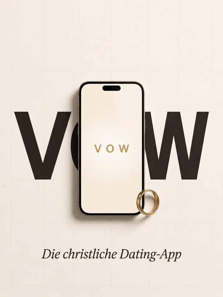 Ein Smartphone mit der VOW-App vor dem großen Schriftzug VOW
